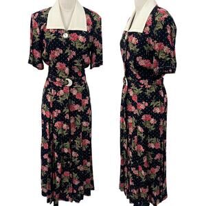 Vintage 80s Floral Shirtdress Button Down Belted Maxi Union Made Black Pink XS